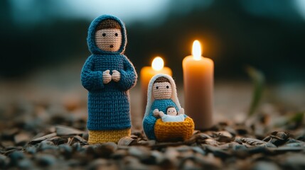 Fototapeta premium Traditional Mexican nativity scene with intricate figures, lit by soft candlelight, honoring Las Posadas 
