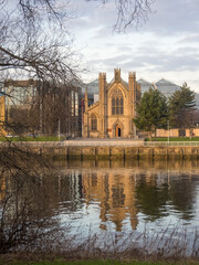 St. Andrew's Cathedral, Glasgow, next to a modern glass building.