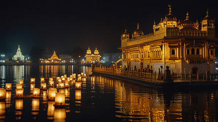 Naklejka premium Illuminated Temple at Night with Reflections