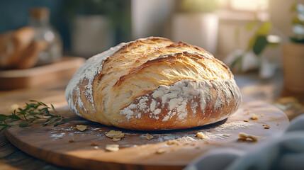 Freshly baked bread on wooden board, showcasing its crusty exterior and soft interior