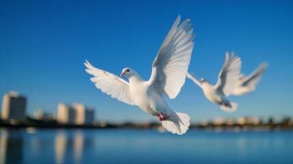 Obraz premium White doves being released into the sky above the USS Arizona Memorial, symbolizing peace and remembrance for Pearl Harbor Remembrance Day 