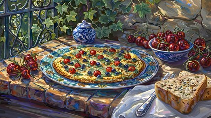 A delicious-looking omelet topped with tomatoes and blueberries, served with bread and cherries.