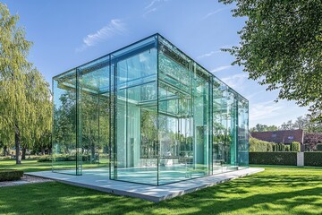 Suburban glass house with clear walls and a sleek, minimalist interior.