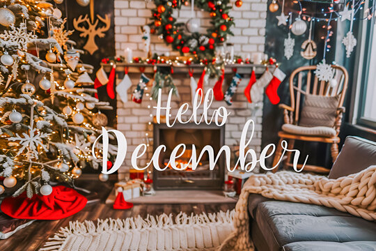 Christmas decorated living room with text Hello Decembe