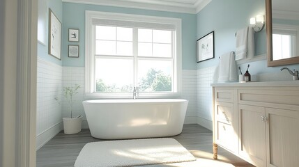 Fototapeta premium Modern, Bright Bathroom with Freestanding Tub, White Vanity, Large Window, and Natural Light