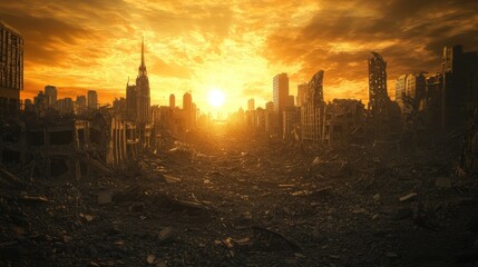 Fototapeta premium A post-apocalyptic cityscape at sunset, showcasing destruction and desolation.