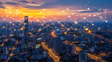 Futuristic Tech Interface Over City at Sunset