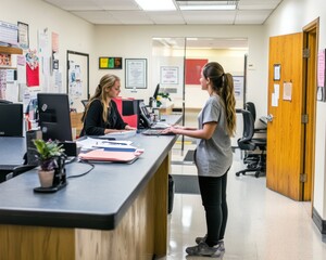 Administrative staff work at their desks or assist students and teachers