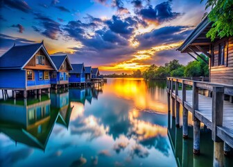 Fototapeta premium Tranquil Blue Houses on Pillars Reflecting on a Serene Lake at Sunset in Landscape Photography