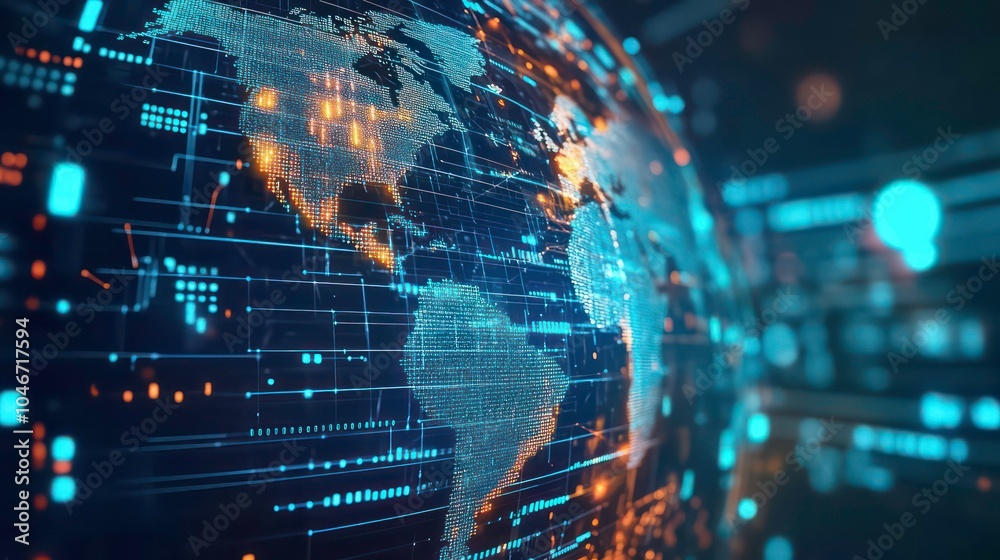 Poster A stylized globe with glowing lines and digital data, representing global connectivity and technology.