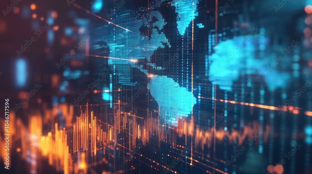 Poster Abstract digital world map with data streams and digital lines, concept for global network, internet, communication, technology, and connection.