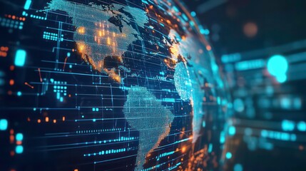 Fototapeta premium A stylized globe with glowing lines and digital data, representing global connectivity and technology.