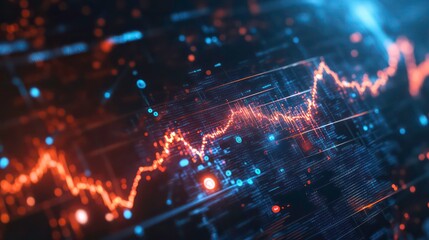 A close-up of a computer screen displaying a stock market graph with a red line showing growth.