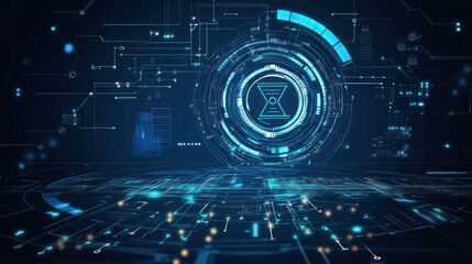 Futuristic digital interface with glowing elements and a central hourglass symbol.