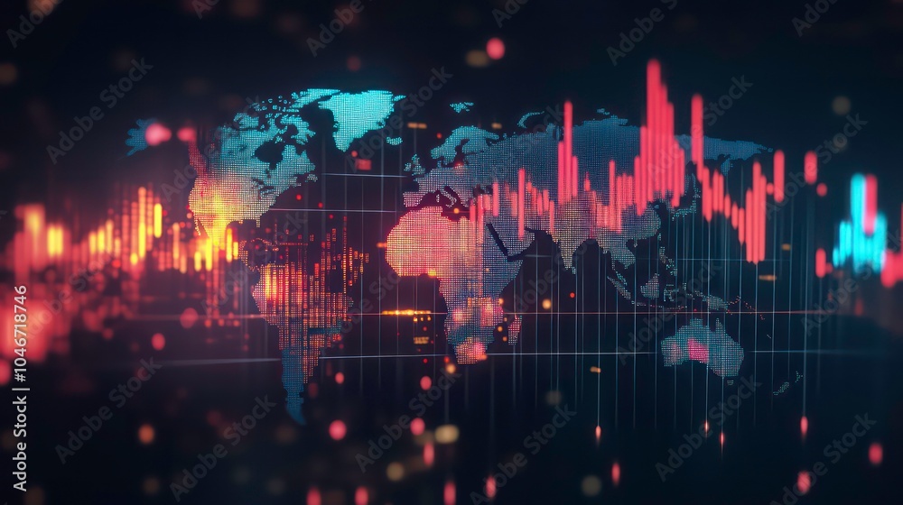 Poster A world map with glowing lines and data points representing global market trends.