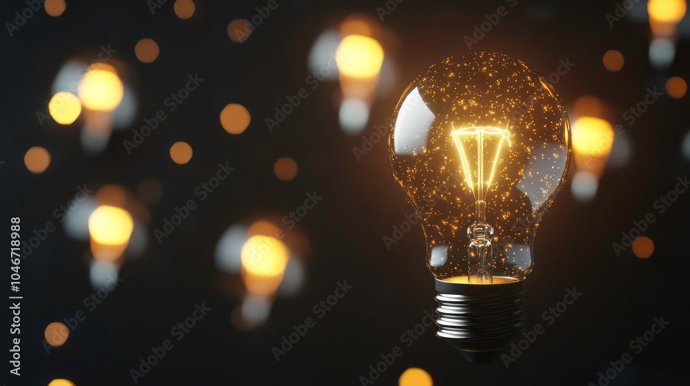 Poster a single glowing light bulb with a filament, standing out against a backdrop of blurred, out-of-focu