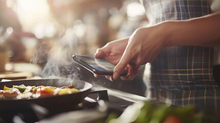Close-Up of Woman's Hand Reaching for Phone While Cooking