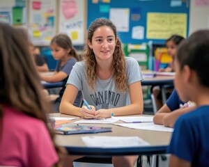 Teacher listening attentively to students during class with educational materials around