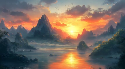 A serene sunset landscape with mountains reflected in a calm body of water, showcasing vibrant colors and a misty atmosphere.