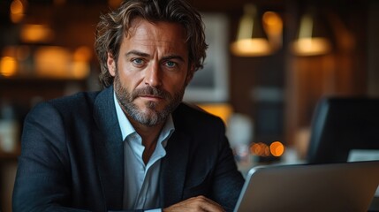Obraz premium A serious looking businessman sits at a table in a cafe, looking directly at the camera. He is wearing a blue suit and a white shirt. A laptop computer is in front of him
