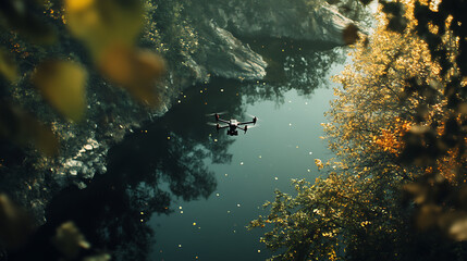 Aerial view of drone flying over serene river surrounded by autumn foliage