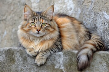 Gato Mirada. Long-Haired Cat Poses Adorably, Looking into the Camera