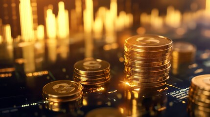 Stacks of gold coins on a digital background, representing financial growth and success.