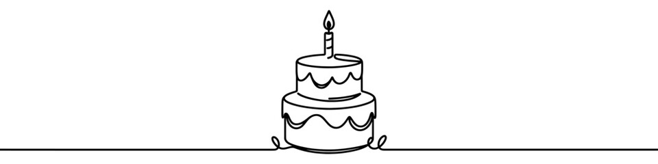 Minimalist illustration representing a cake with candle and festive decorations made with one continuous line
