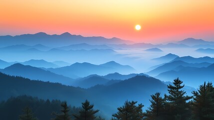 Obraz premium A breathtaking sunrise casts warm hues over misty mountains, creating a serene landscape of layered peaks and tranquil nature.