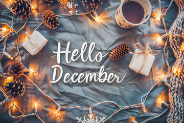 Text Hello December surrounded by Christmas decorations