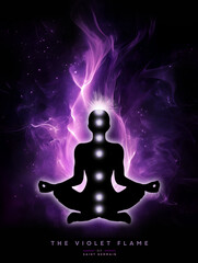The Violet Flame of Master Saint Germain meditation background. Human silhouette in yoga, lotus pose with 7 chakra positions. Divine, healing energy, transformation. For lightworkers, energy healers.