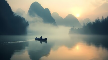 A tranquil scene of a lone boat on a misty lake, surrounded by lush mountains and a soft sunrise illuminating the sky.