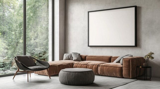 Contemporary living room with a blank floating frame.