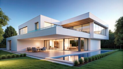 Elegant Minimalist Villa Design Concept - White House Exterior, Modern Architecture, Luxurious Living Spaces, Stylish Facade, Contemporary Home