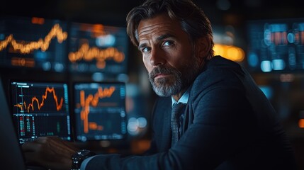 Fototapeta premium A confident businessman works late at night in a dark office, analyzing charts and data on his laptop. He is focused on his work and determined to succeed.