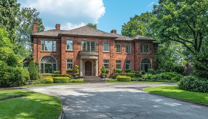 Two-story brick home with circular driveway stands in an upscale suburban area.