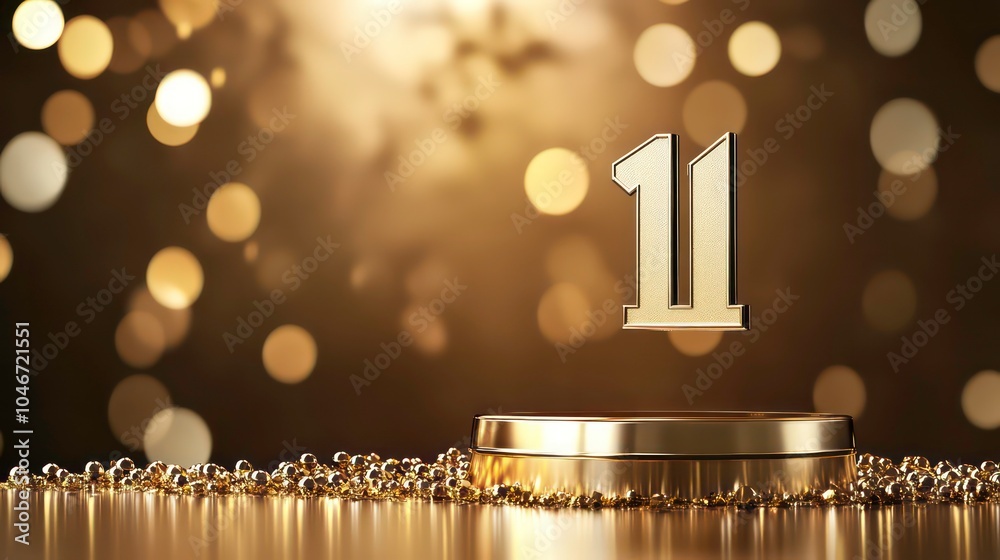 Poster a golden number 11 stands on a golden pedestal with a bokeh background.