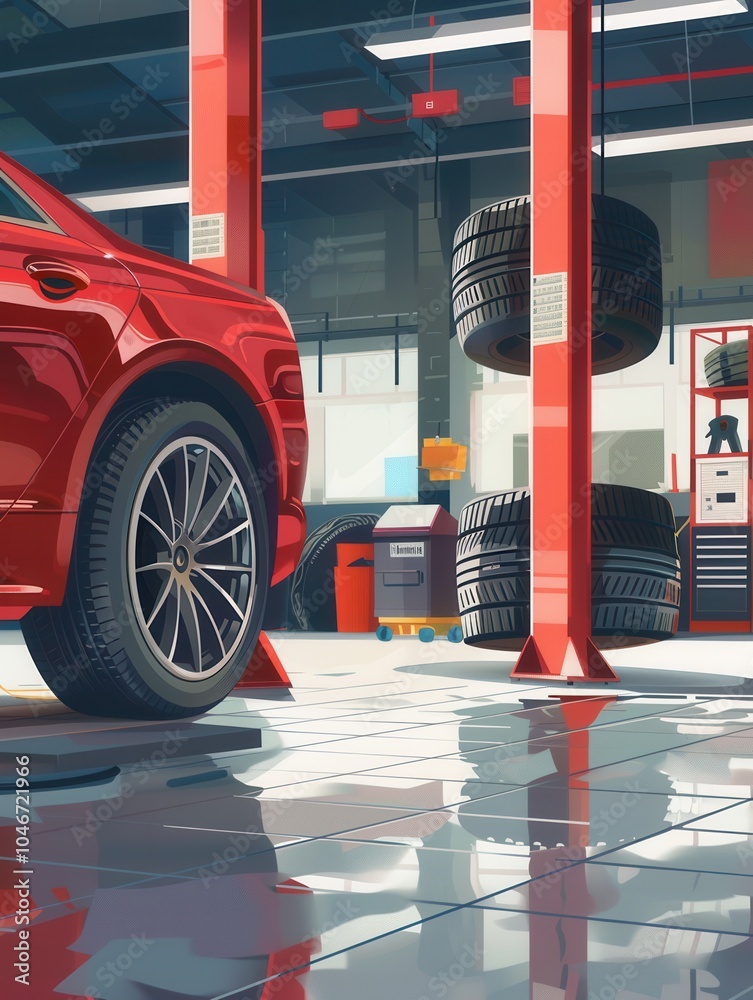 Aufkleber a red car is being serviced in a workshop with tires and equipment surrounding it during daylight ho