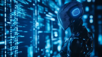 A robot with a blue helmet stands in front of a blue background with a lot of li