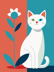 Funny Look at Nature: White Cat and Funny Flower in Stylish Minimalism for Your Home.
