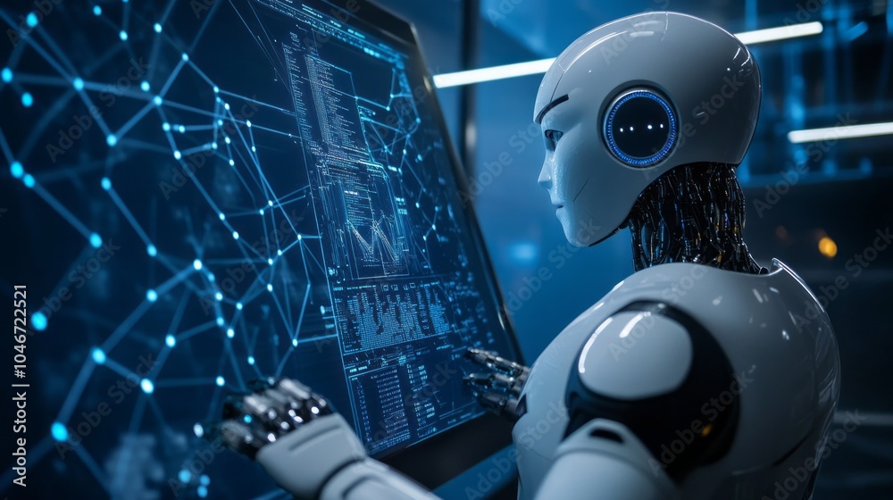 Poster A robot is looking at a computer screen with a lot of lines and numbers