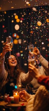 Ragazze che ridono e brindano con champagne, mentre coriandoli colorati esplodono intorno a loro per la festa di Capodanno