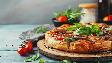 A delicious pizza with mushrooms, tomatoes, and basil on a wooden board.
