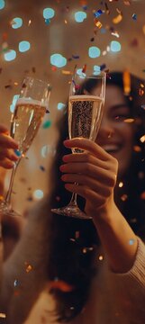 Ragazze che ridono e brindano con champagne, mentre coriandoli colorati esplodono intorno a loro per la festa di Capodanno