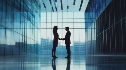A man and a woman are shaking hands in a large, empty room