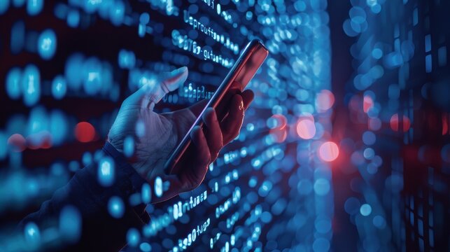 Close up of man hand using smartphone with binary code on the background - Powered by Adobe