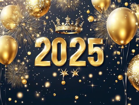 Striscione di Capodanno festoso con fuochi d'artificio dorati e la scritta &ldquo;2025&rdquo;. Sopra si erge una corona ornata, simbolo di vittoria e di buon auspicio