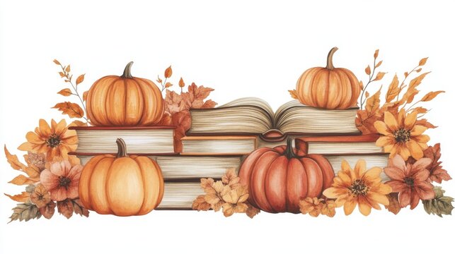 watercolor painting of stacked books, pumpkins, flowers, and autumn leaves, in a pastel brown clipart style, with a clear background, evoking a cozy autumn atmosphere