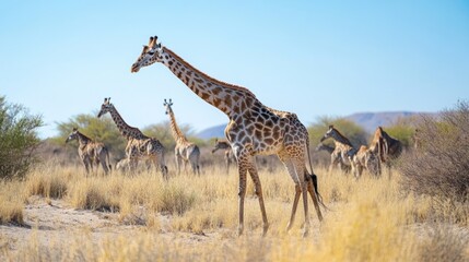 Obraz premium A group of giraffes grazing in a savannah landscape under a clear blue sky.