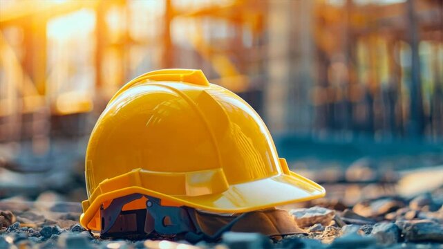 Bright Yellow Hard Hat Symbolizes Safety at Construction Site, Enhancing Worker Protection and Optimism in Building Industry with Essential Equipment.
